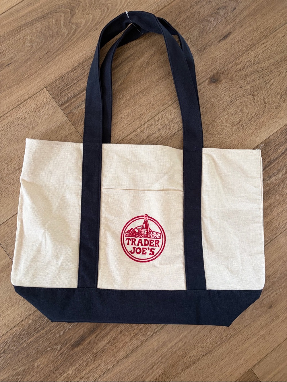 Trader Joe's Canvas Tote Bag in Cream and Navy with Red Logo BRAND NEW